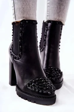 Clearance Boto Botki Na Wysokim Obcasie Z Dżetami Czarne Lisana