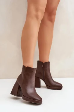 Clearance Botki Na Wysokim Obcasie Słupku Eko Skórzane Ciemnobrązowe Selarae Damskie Botki Na Słupku|Czarne Botki