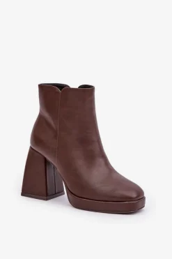 Clearance Botki Na Wysokim Obcasie Słupku Eko Skórzane Ciemnobrązowe Selarae Damskie Botki Na Słupku|Czarne Botki