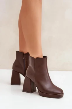 Clearance Botki Na Wysokim Obcasie Słupku Eko Skórzane Ciemnobrązowe Selarae Damskie Botki Na Słupku|Czarne Botki