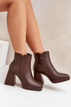 Clearance Botki Na Wysokim Obcasie Słupku Eko Skórzane Ciemnobrązowe Selarae Damskie Botki Na Słupku|Czarne Botki