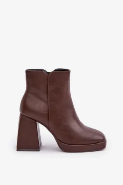 Clearance Botki Na Wysokim Obcasie Słupku Eko Skórzane Ciemnobrązowe Selarae Damskie Botki Na Słupku|Czarne Botki