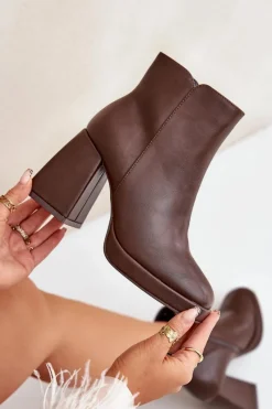 Clearance Botki Na Wysokim Obcasie Słupku Eko Skórzane Ciemnobrązowe Selarae Damskie Botki Na Słupku|Czarne Botki