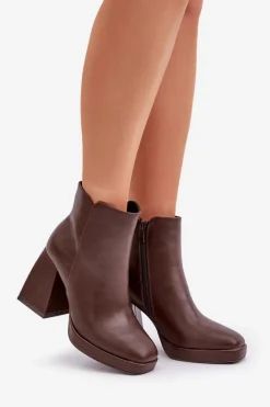 Clearance Botki Na Wysokim Obcasie Słupku Eko Skórzane Ciemnobrązowe Selarae Damskie Botki Na Słupku|Czarne Botki