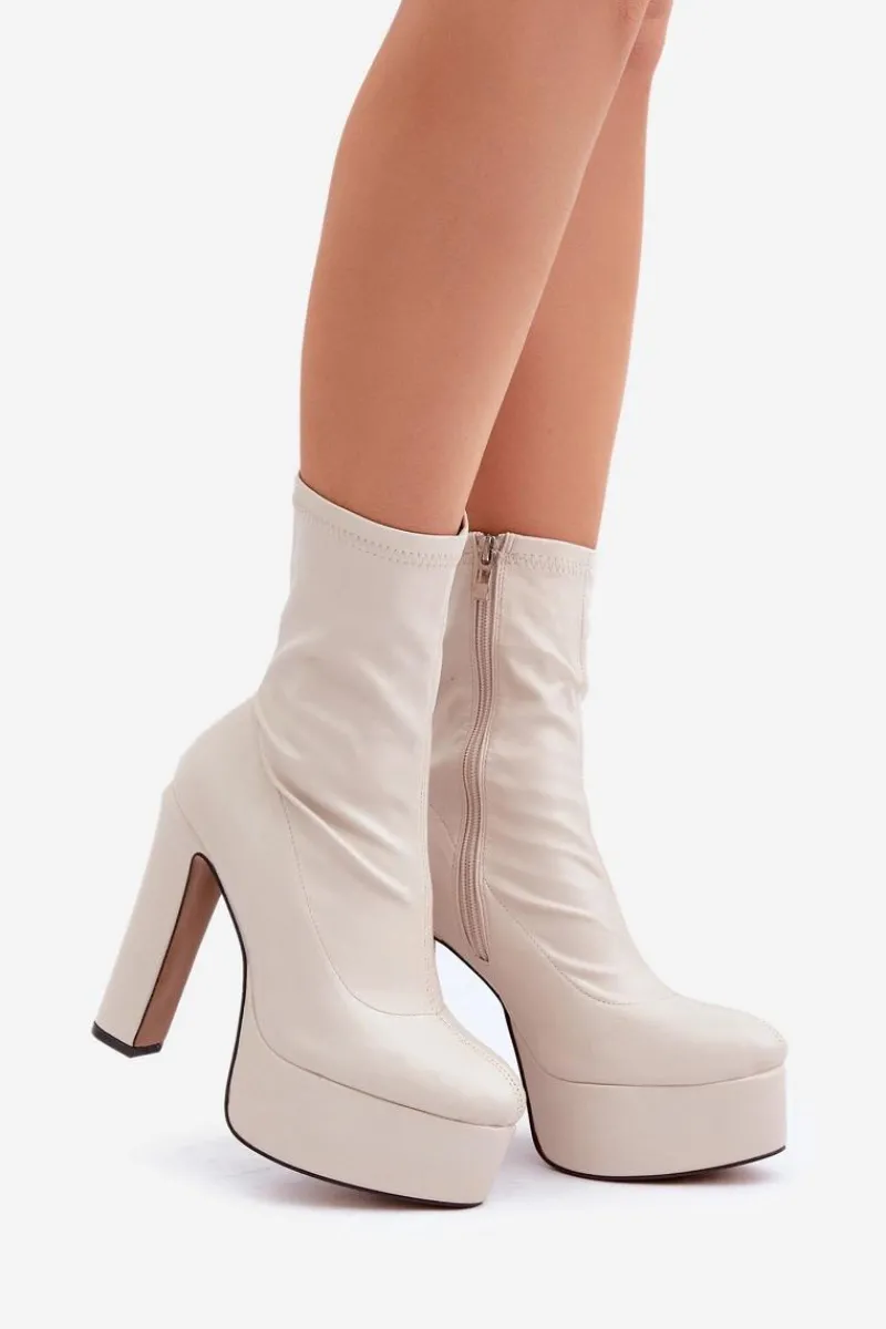 Hot Boto Botki Na Wysokim Obcasie Słupku I Platformie Jasnobeżowe Tennira Beżowy