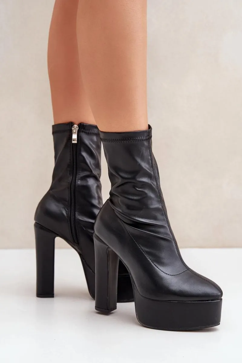Discount Botki Na Wysokim Obcasie Słupku I Platformie Czarne Tennira Damskie Botki Ocieplane|Botki Na Słupku