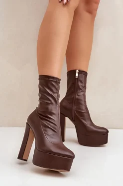 Botki Ocieplane|Botki Na Słupku>Boto Botki Na Wysokim Obcasie Słupku I Platformie Ciemnobrązowe Tennira Brązowy
