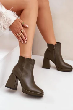 New Boto Botki Na Wysokim Obcasie Słupku Eko Skórzane Ciemnozielone Selarae Zielony