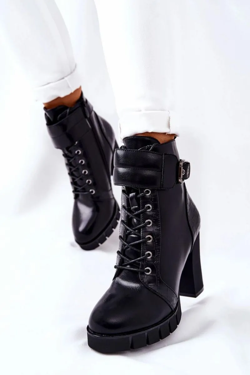 Botki Na Słupku|Czarne Botki>Boto Botki Na Wysokim Słupku Czarne Wiązane Fasha