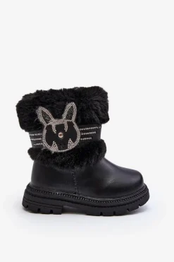 Outlet Botki Śniegowce Dziecięce z Futerkiem Czarne Lunami Dzieci Dziewczęce|Dziewczęce