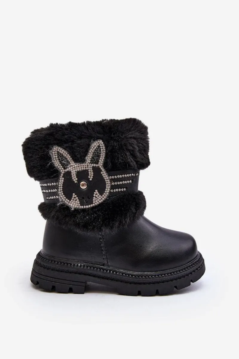 Outlet Botki Śniegowce Dziecięce z Futerkiem Czarne Lunami Dzieci Dziewczęce|Dziewczęce