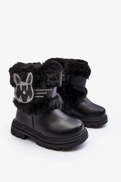Outlet Botki Śniegowce Dziecięce z Futerkiem Czarne Lunami Dzieci Dziewczęce|Dziewczęce