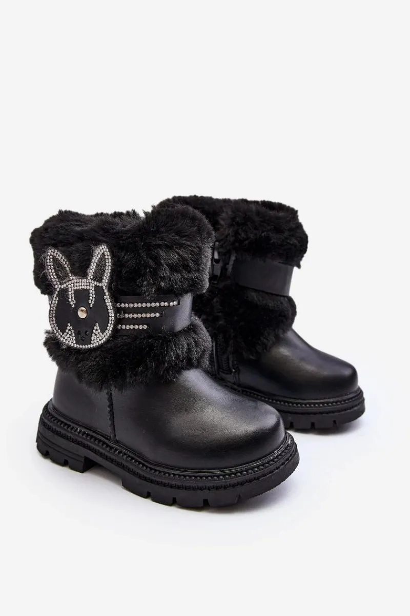 Outlet Botki Śniegowce Dziecięce z Futerkiem Czarne Lunami Dzieci Dziewczęce|Dziewczęce