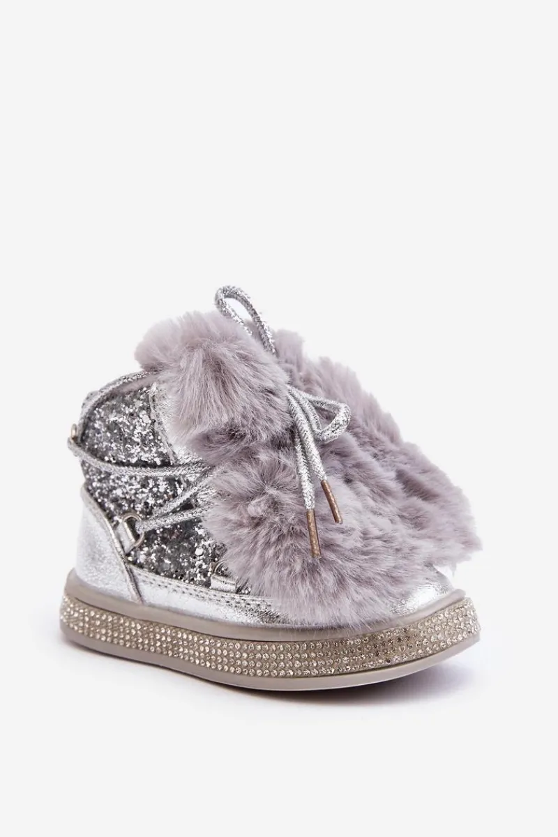 Dziewczęce|Dziewczęce>Boto Botki Śniegowce Dziecięce Z Futerkiem I Cekinami Srebrne Bryana