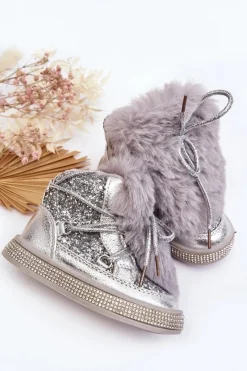 Dziewczęce|Dziewczęce>Boto Botki Śniegowce Dziecięce Z Futerkiem I Cekinami Srebrne Bryana