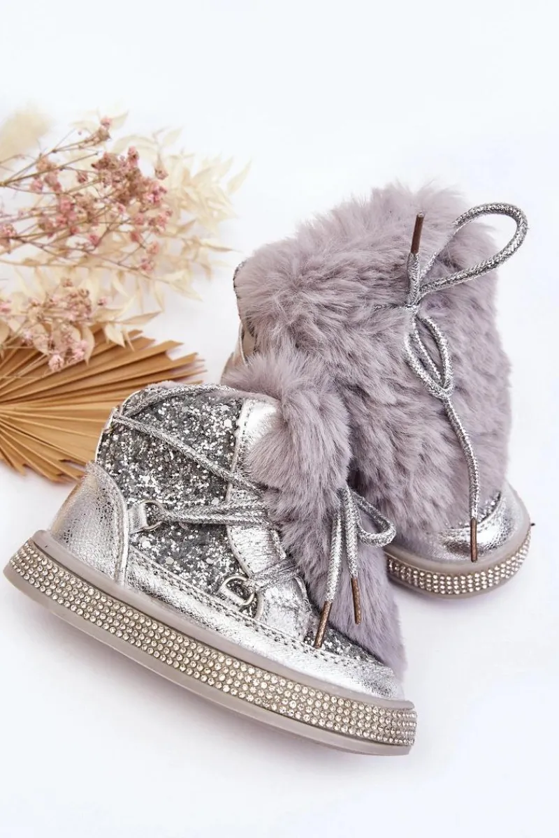 Dziewczęce|Dziewczęce>Boto Botki Śniegowce Dziecięce Z Futerkiem I Cekinami Srebrne Bryana