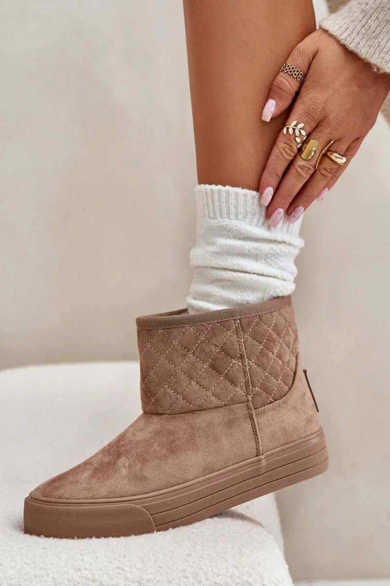 Śniegowce Damskie|Botki Płaskie>Big Star Shoes Botki Śniegowce Na Zamek Ocieplane Futerkiem Big Star OO274A524 Beżowe Beżowy