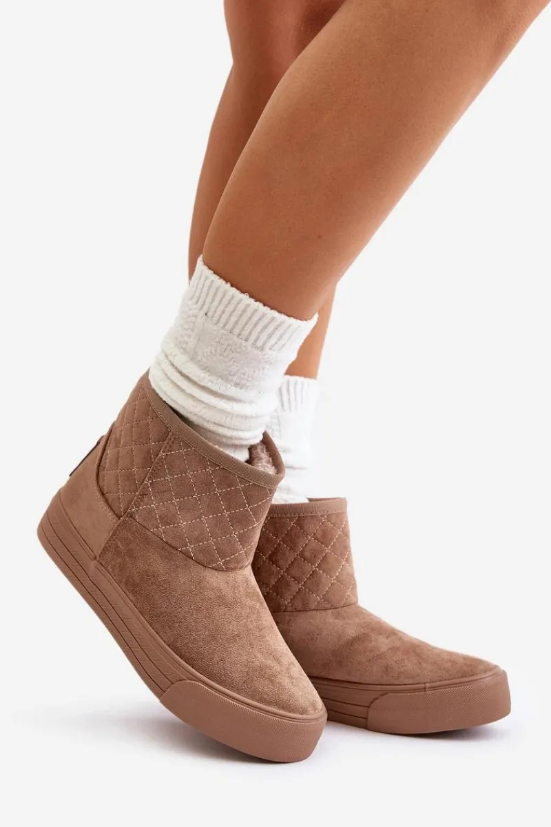 Śniegowce Damskie|Botki Płaskie>Big Star Shoes Botki Śniegowce Na Zamek Ocieplane Futerkiem Big Star OO274A524 Beżowe Beżowy