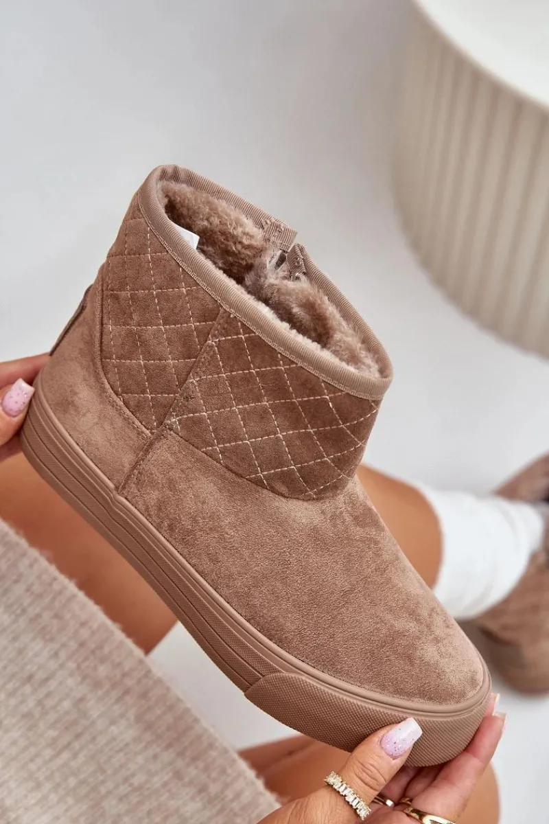 Śniegowce Damskie|Botki Płaskie>Big Star Shoes Botki Śniegowce Na Zamek Ocieplane Futerkiem Big Star OO274A524 Beżowe Beżowy