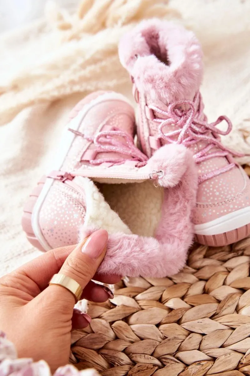 Sale Botki Śniegowce Ocieplane Z Futerkiem Różowe Stars Dzieci Dziewczęce|Dziewczęce