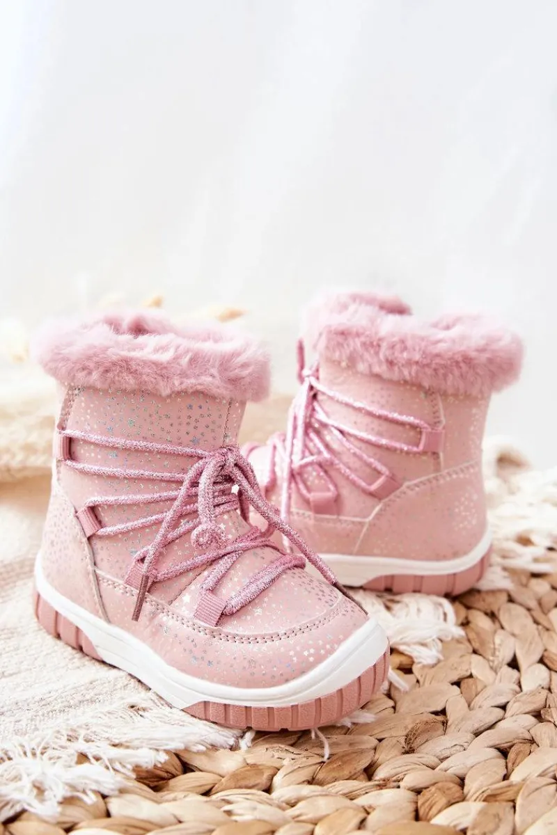 Sale Botki Śniegowce Ocieplane Z Futerkiem Różowe Stars Dzieci Dziewczęce|Dziewczęce