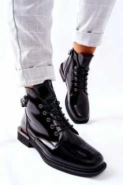 Czarne Botki|Botki Zimowe Damskie>Buty Sergio Leone Botki Ocieplane Lakierowane Na Suwak Sergio Leone Czarne BT405