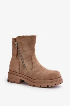 Discount Botki Ocieplane Na Płaskim Obcasie Z Eko Zamszu Beżowe Reloma Damskie Botki Wiosenne|Brązowe I Beżowe Botki