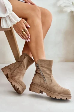 Discount Botki Ocieplane Na Płaskim Obcasie Z Eko Zamszu Beżowe Reloma Damskie Botki Wiosenne|Brązowe I Beżowe Botki