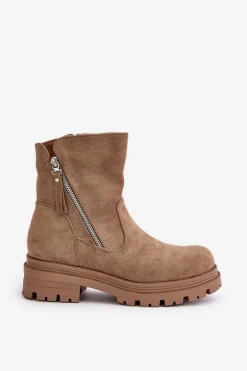 Discount Botki Ocieplane Na Płaskim Obcasie Z Eko Zamszu Beżowe Reloma Damskie Botki Wiosenne|Brązowe I Beżowe Botki