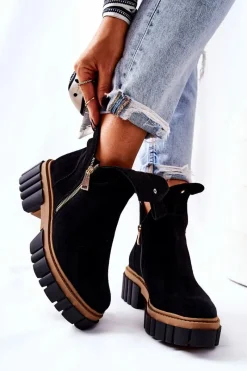 Czarne Botki|Botki Zimowe Damskie>Boto Botki Ocieplane Z Wycięciem Na Suwak Czarne Cadence