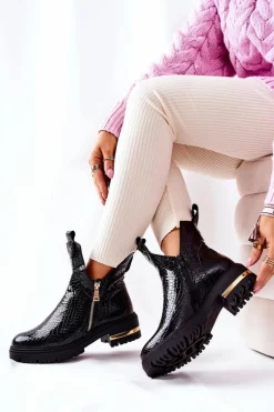 Outlet Botki Ocieplane Z Wycięciem Wzór Krokodyla Czarne Crolisia Damskie Czarne Botki|Botki Zimowe Damskie