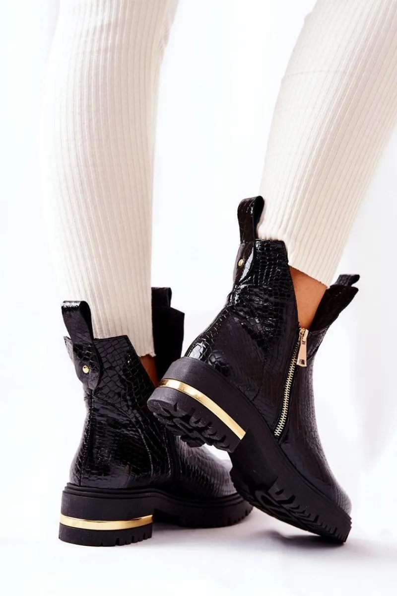 Outlet Botki Ocieplane Z Wycięciem Wzór Krokodyla Czarne Crolisia Damskie Czarne Botki|Botki Zimowe Damskie