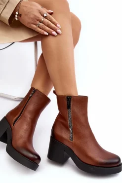 Outlet Botki Skórzane Na Masywnym Obcasie Z Suwakami Brązowe Lemar Littosa Damskie Botki Skórzane|Botki Zimowe Damskie