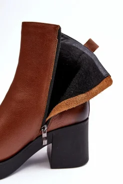 Outlet Botki Skórzane Na Masywnym Obcasie Z Suwakami Brązowe Lemar Littosa Damskie Botki Skórzane|Botki Zimowe Damskie