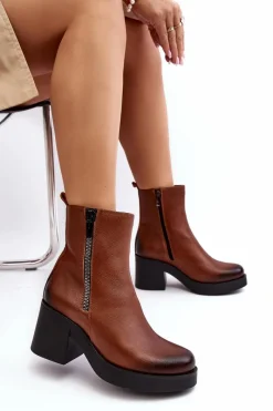 Outlet Botki Skórzane Na Masywnym Obcasie Z Suwakami Brązowe Lemar Littosa Damskie Botki Skórzane|Botki Zimowe Damskie