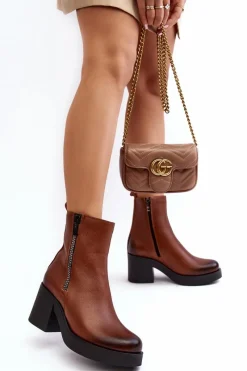 Outlet Botki Skórzane Na Masywnym Obcasie Z Suwakami Brązowe Lemar Littosa Damskie Botki Skórzane|Botki Zimowe Damskie