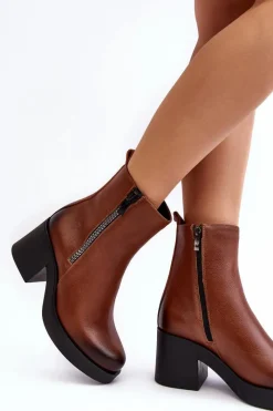 Outlet Botki Skórzane Na Masywnym Obcasie Z Suwakami Brązowe Lemar Littosa Damskie Botki Skórzane|Botki Zimowe Damskie