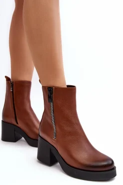 Outlet Botki Skórzane Na Masywnym Obcasie Z Suwakami Brązowe Lemar Littosa Damskie Botki Skórzane|Botki Zimowe Damskie