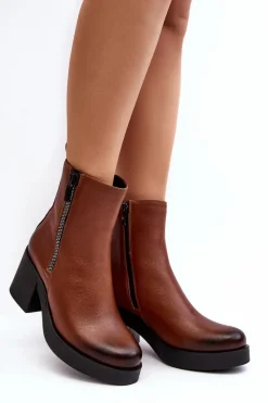 Outlet Botki Skórzane Na Masywnym Obcasie Z Suwakami Brązowe Lemar Littosa Damskie Botki Skórzane|Botki Zimowe Damskie