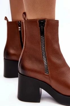 Outlet Botki Skórzane Na Masywnym Obcasie Z Suwakami Brązowe Lemar Littosa Damskie Botki Skórzane|Botki Zimowe Damskie