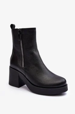 Botki Zimowe Damskie|Botki Na Obcasie>Boto Botki Skórzane Na Masywnym Obcasie Z Suwakami Czarne Lemar Littosa