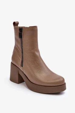 Outlet Botki Skórzane Na Masywnym Obcasie Z Suwakami Ciemnobeżowe Lemar Littosa Damskie Botki Skórzane|Botki Zimowe Damskie