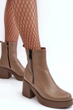 Outlet Botki Skórzane Na Masywnym Obcasie Z Suwakami Ciemnobeżowe Lemar Littosa Damskie Botki Skórzane|Botki Zimowe Damskie