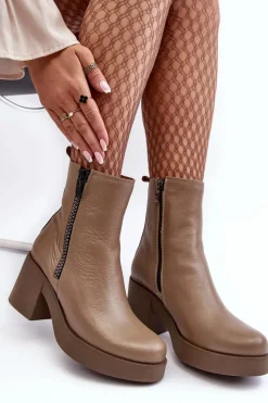 Outlet Botki Skórzane Na Masywnym Obcasie Z Suwakami Ciemnobeżowe Lemar Littosa Damskie Botki Skórzane|Botki Zimowe Damskie