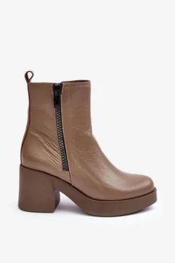 Outlet Botki Skórzane Na Masywnym Obcasie Z Suwakami Ciemnobeżowe Lemar Littosa Damskie Botki Skórzane|Botki Zimowe Damskie