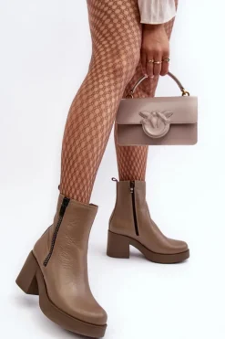 Outlet Botki Skórzane Na Masywnym Obcasie Z Suwakami Ciemnobeżowe Lemar Littosa Damskie Botki Skórzane|Botki Zimowe Damskie