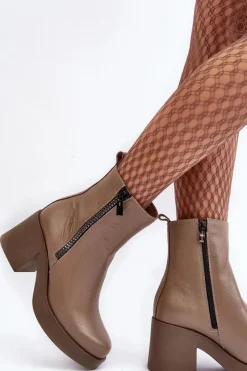 Outlet Botki Skórzane Na Masywnym Obcasie Z Suwakami Ciemnobeżowe Lemar Littosa Damskie Botki Skórzane|Botki Zimowe Damskie