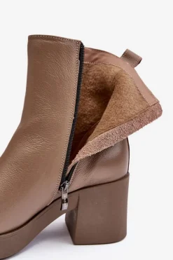 Outlet Botki Skórzane Na Masywnym Obcasie Z Suwakami Ciemnobeżowe Lemar Littosa Damskie Botki Skórzane|Botki Zimowe Damskie