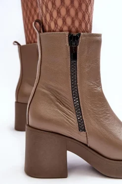 Outlet Botki Skórzane Na Masywnym Obcasie Z Suwakami Ciemnobeżowe Lemar Littosa Damskie Botki Skórzane|Botki Zimowe Damskie