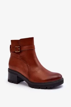 New Boto Botki Skórzane Na Niskim Obcasie Brązowe Irinaela